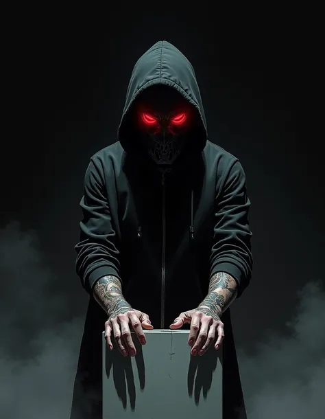 In the manga style 
Man with hidden face in a black hoodie, Neon red eyes, tatouage sur les mains, On a silver podium, fond noir.