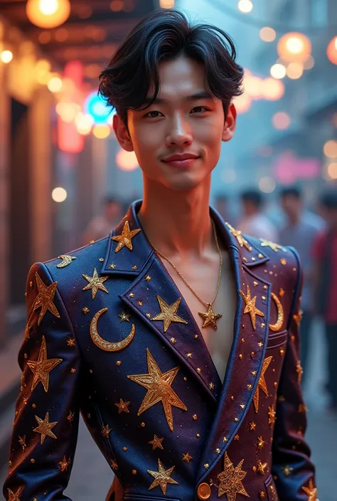 Young Asian man wearing star-inspired party clothes , full body image  