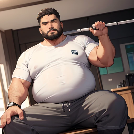 only create a fat man, a chubby adult. fat. pot-bellied, frowning, serious. with a beard and gray hair, weighing 190 kilos. 65 years old, with thick thighs, bracelets and a gold watch on his wrist, he is in a weight training gym doing weight lifting exerci...