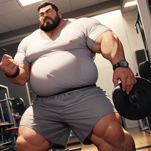 only create a fat man, a chubby adult. fat. pot-bellied, frowning, serious. with a beard and gray hair, weighing 190 kilos. 65 years old, with thick thighs, bracelets and a gold watch on his wrist, he is in a weight training gym doing weight lifting exerci...