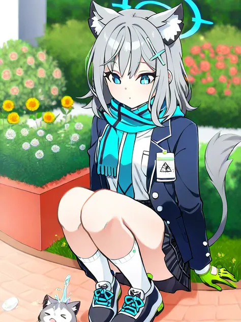  Silver Hair、 short hair、 Satou Shiroko、Sunao Okami Shiroko、Game『 Blue Archive』 characters、front、斜めfront、 full body visible、 from afar、tail、garden、squirt