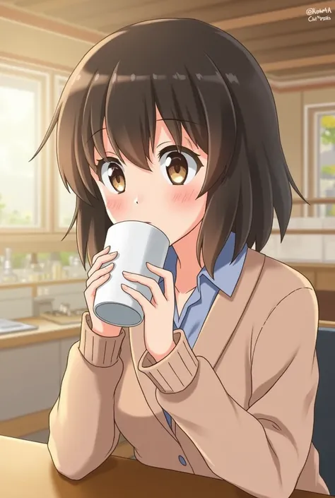 Female Shota Aizawa drinking coffee