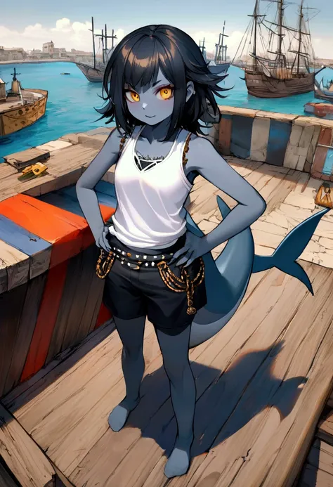 1girl, young, short, gray colored skin, (yellow eyes, black hair, Rockstar styled medium hair with frayed ends, gray skin, gray shark tail, gray shark dorsal fin), harbor, pirate, ((white tank top, black shorts, no shoes)), hands on hips, grinning, bright ...