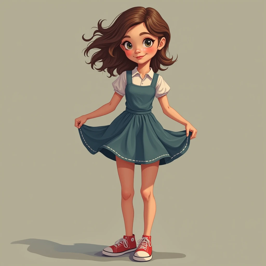 A 15-year-old girl in a short dress slowly lifting her skirt inconfidently 