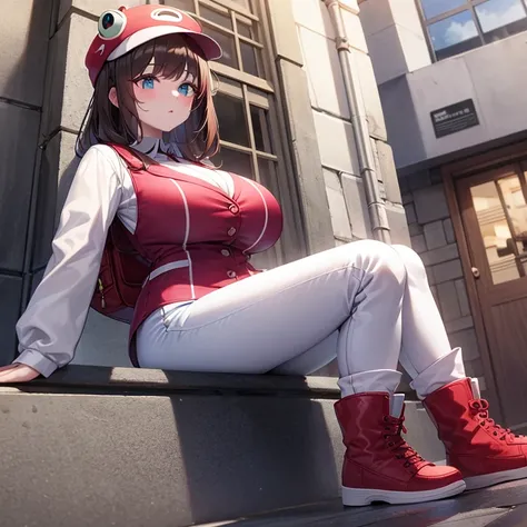  better quality, Girl alone, Vtubers SiriVT ,  frog eye hat ,  green long sleeve vest , red backpack,  disheveled brown hair,  white skin,  blue eyes,  pink and white pants ,  big boots truth ,  Big Breasts,  looking at the spectator, exterior