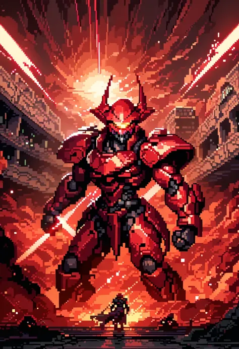 Pixel art、A red colored CyberDemon From Doom, shooting at a human military base, lensflares, flashes, lazer projectiles, alien invasion, fear of battle , Dramatic background depiction, movie-like lighting, dramatic direction,Ultra-fine painting,(Super high...