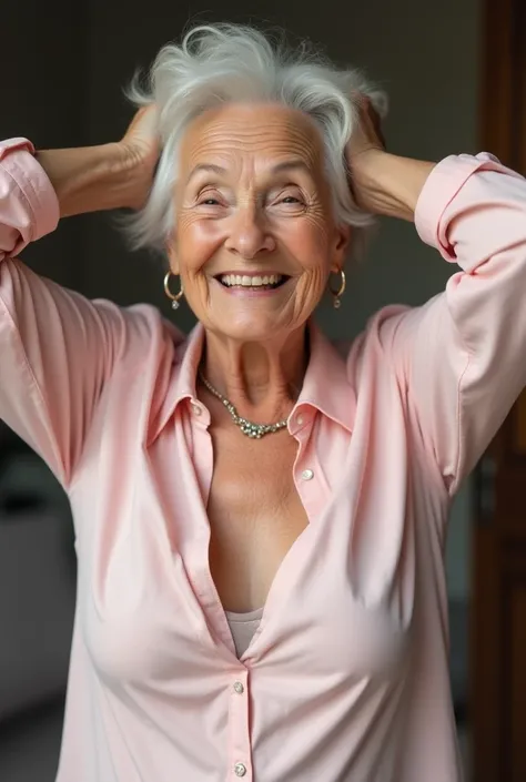 Eighty year old woman smiling, She is very thin ,He wears a full-length fitted open pale pink shirt, Her breasts are bare, her breasts are huge and saggy,Your breasts are wrinkled ,  She has her hands behind her head  