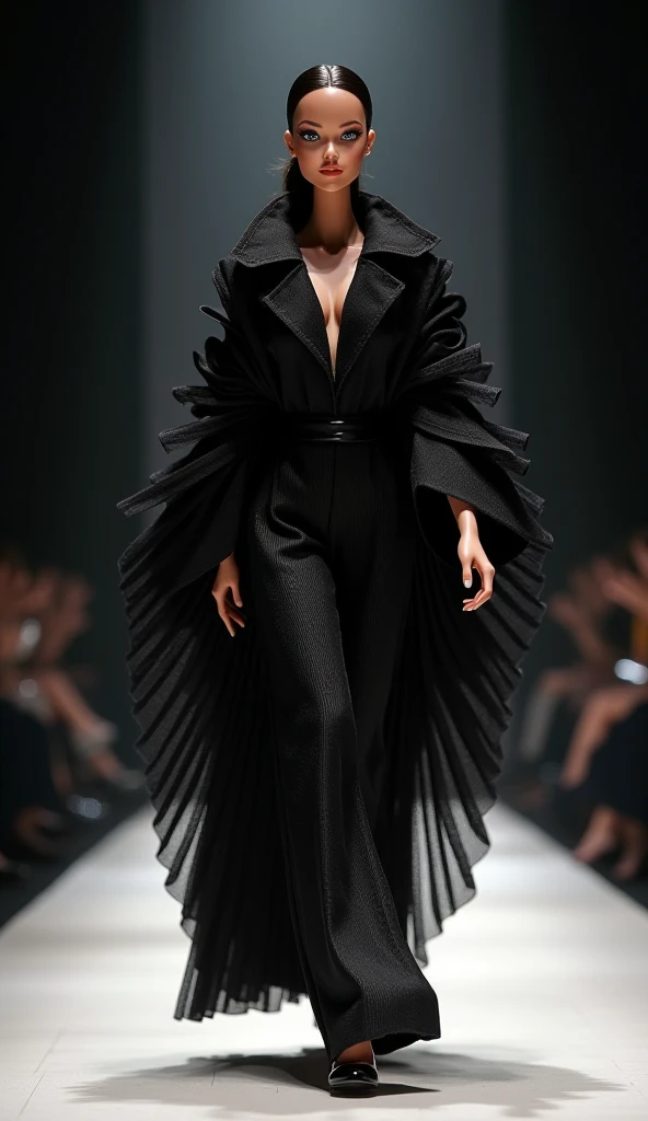  Realistic photo,  Barbie walks down the runway wearing a black outfit , black haute couture, exaggerated details, In the style of Christian Dior,  wide-leg hakama pants , intriguing suit, exaggerated details, Givenchy, all black outfit, lots of details in...