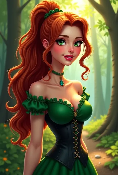  Create an illustration that looks realistic of a pretty 26 year old girl, very curly hair with very long red hair in a ponytail with loose locks,  green eyes, dressed in a green dress with corset, In a beautiful forest, expresion he would be y frivola,   ...