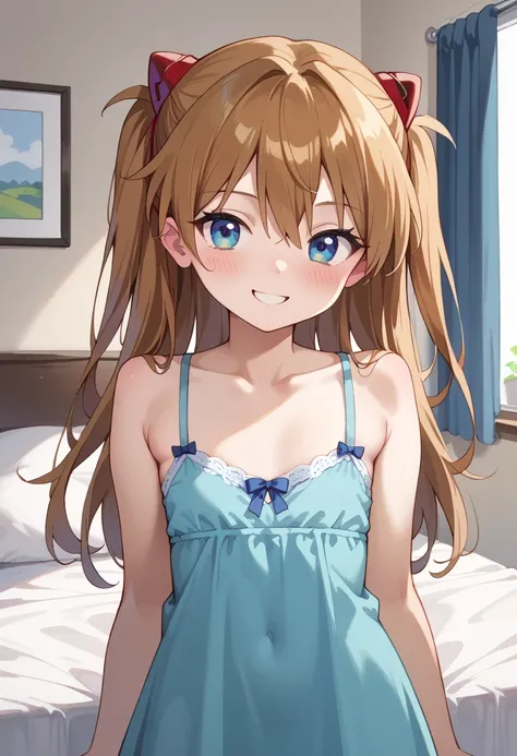 (( top quality)), (( Masterpiece)), (be familiar with),  perfect face,  indoor, bedroom,  watching viewers,
One woman,  Soryu Asuka Langley,
開いた口,  ecstatic expression, blush, smile,
 small tits,  flat chest, Young girl,  lori,  s,  girl,
 long hair,  two ...