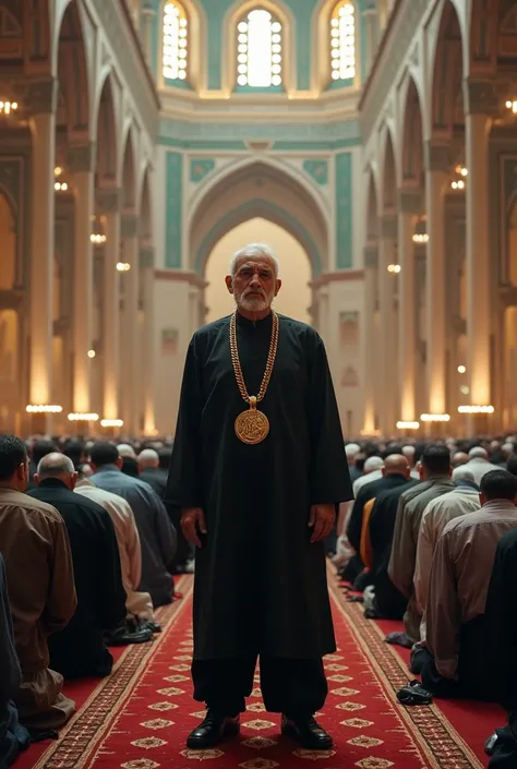 Huge and majestic Islamic mosque ,  While thousands of people bow and pray, a strong old man dressed in black, wearing a hip-hop-style gold necklace, and hip pants stands up and prays with a serious expression.