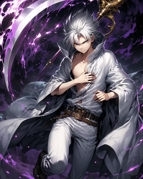 Anime, high detailed, 1 guy, 18 years old guy, mid long white hair, low spiked hair, serious, stern look, serious, Wearing opened robe (Exposing his chest and abdomen), belt, long pants, boots, caring a large scythe, dark  aura around him