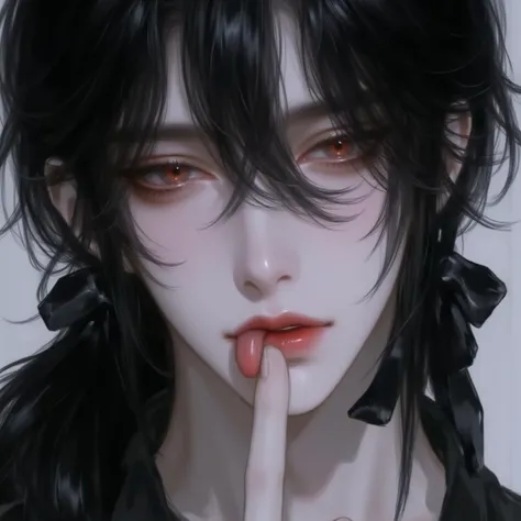 Long hair,  black hair, Hair tie,  chest ,  red-eyed, shut your mouth, Licking lips, Licking lips, Seductive expression,  minimalist background , ผ้าคาด black hair,  kvinner 