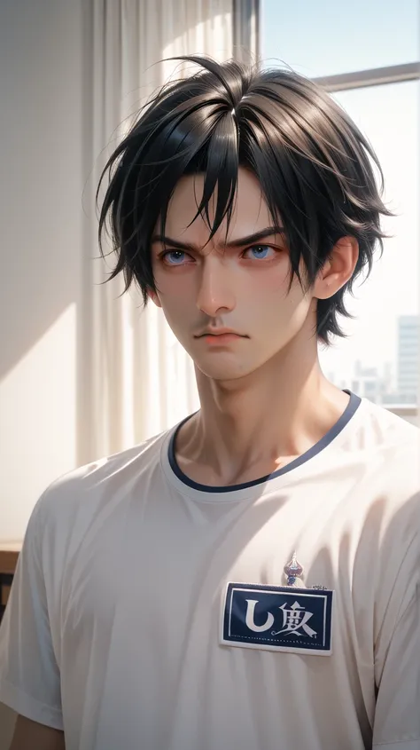 Handsome Edward Watson alone man black hair blue t-shirt upper body short sunlight ultra HD quality detail very angry expression