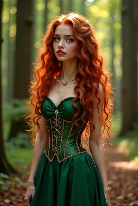 Create an image that looks real of a cute 23-year-old girl, very curly hair very long red hair,  green eyes, dressed in a green dress with corset, In a beautiful forest, expresion he would be y frivola,   looking to the side, Dark environment, reddish lips...