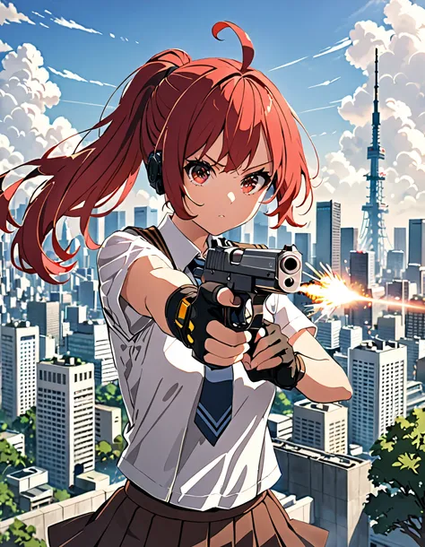 1girl, ahoge, aiming, black gloves, blue sky, building, city, cityscape, cloud, day, finger on trigger, fingerless gloves, firing, gloves, gun, handgun, holding, holding gun, holding weapon, house, looking at viewer, muzzle flash, outdoors, pistol, ponytai...