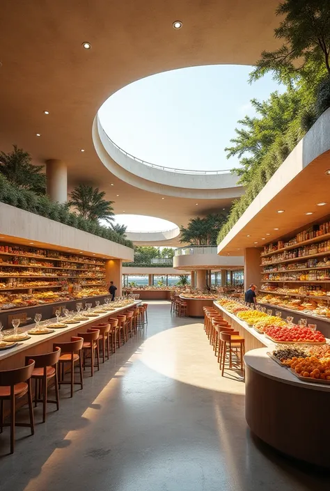  Creating a gastronomic pavilion where culinary experiences are offered . This can include open kitchens ,  fresh food markets and spaces for tastings .  Architecture can include elements that promote social interaction around food