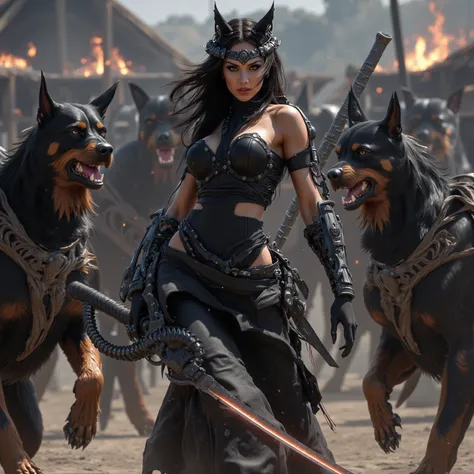 (Extreme complexity, multiple subjects), (Subjects 1: Sexy female (Asian influence, cat woman, big breasts, ample butt, short pumpkin fur, sexy black ninja outfit, large fierce eyes, weapons)( is in a life or death battle against a mob of Dog Men (Barbaria...