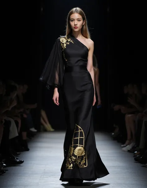 On the runway runway, double view of the front and back, full body display, a german dark blonde female model with an elegant temperament wore a black acetate satin lingerie fishnet skirt cheongsam, golden camellia pattern, minimalist style, soft and smoot...