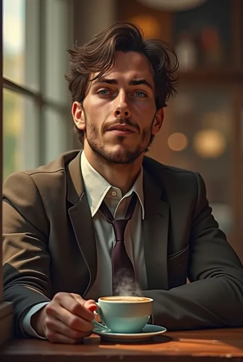 Utiliser le même personnage dans cette image pour me générer une image ayant l'homme tel qu'il est,mais à la seule différence l'homme doit avoir une tasse de café près de lui,a noté l'image doit avoir une aspect très réel et dois être en couleur.