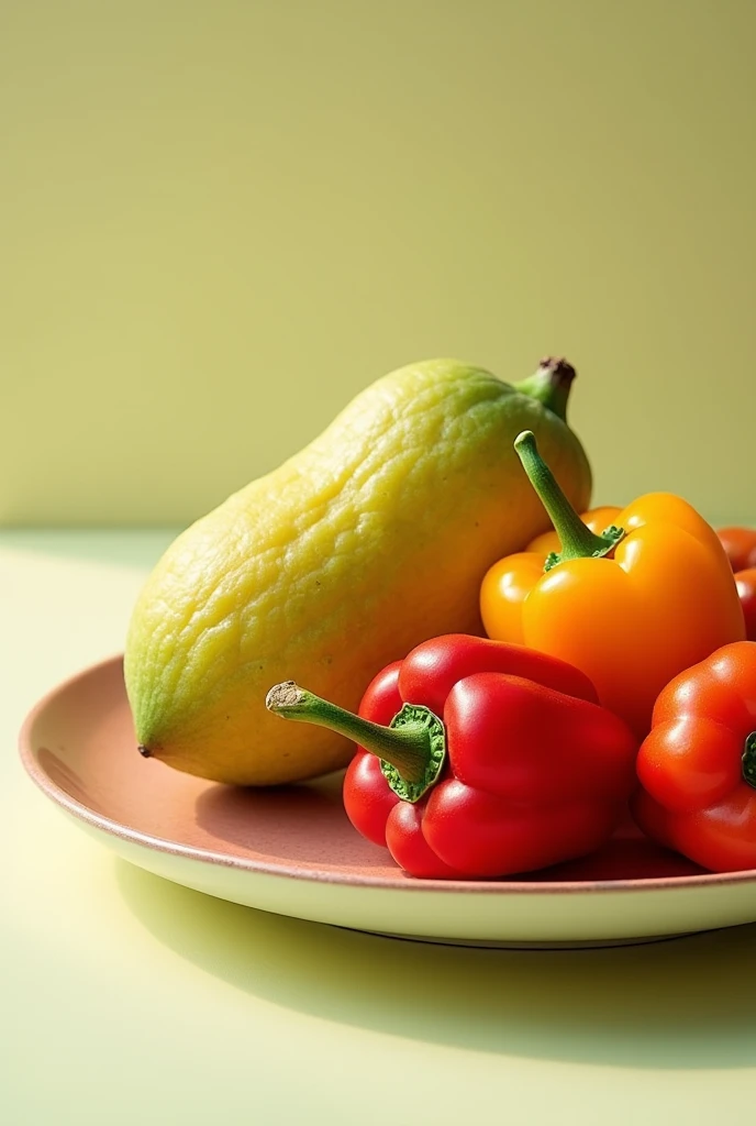 create a photograph with a beautiful composition of a plate decorated with pequi caryocaraceae brasilense and Capsicum baccatum