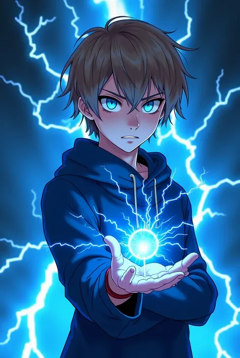 A young magician with eyes that highlight the power of electricity, a strong blue color, and I don't want an electricity background, That his animation style is an anime with a medieval touch , Let it be seen from the hip up, with medium length hair and li...