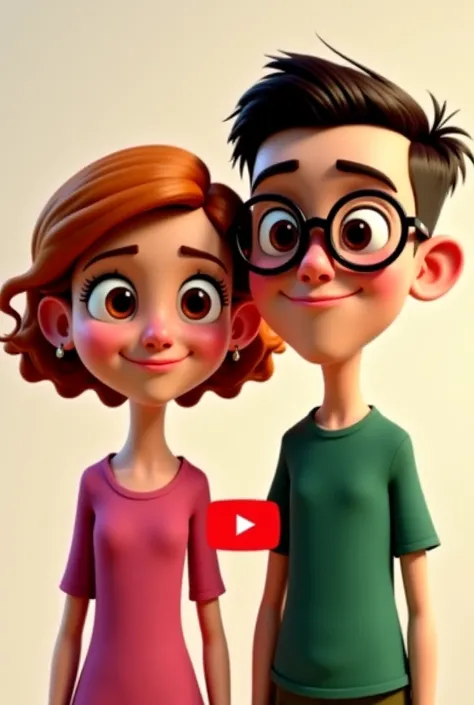 a disney pixar image of siblings for a youtube channel with a  girl with short honey colored hair, with curls at the ends and smiling and a pink blouse and a  boy with dark red and round glasses, and with shaved dark brown hair and a green t-shirt and with...