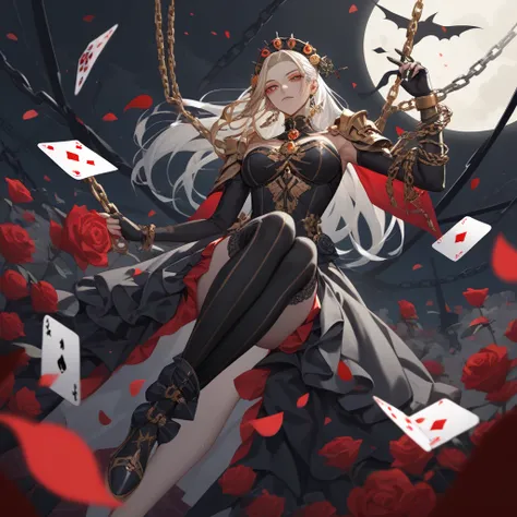 Ancient playing card suspended in a dark void, emanating shadowy tendrils. Anime-inspired art, card design features ornate patterns and hidden symbols. Surrounded by floating masks, scattered rose petals, and chains. Dark color palette: deep blacks, midnig...