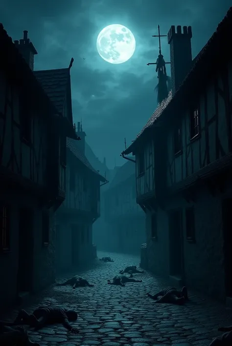 Medieval village at night, Illuminated only by the Moon, with several people killed on the floor and hanged on the walls