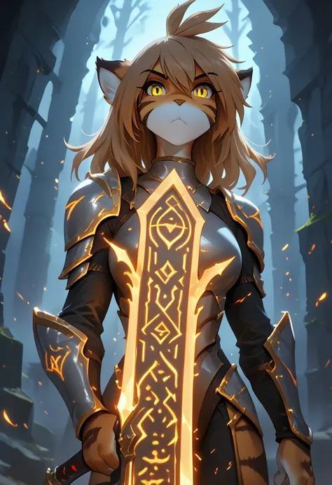 score_9, score_8_up, score_7_up, source_furry, furry, 1girl, source_furry, solo, tkflora, tiger, striped fur, keidran, yellow eyes, anthro, (pov, beautiful female furry holding an energy wielding sword, brutal armor, chaos background)