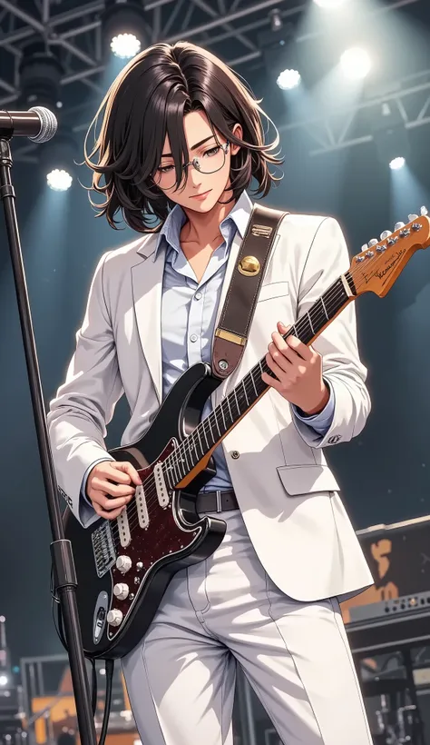 anime style young handsome man playing an electric guitar on a stage. He's wearing a white suit and white pant blue, He has dark, medium-length hair and is looking down at his guitar as he plays. A microphone stand is positioned in front of him, indicating...