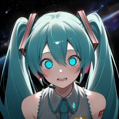 best quality, masterpiece, detailed background, expressive eyes, 1girl, girl, miku, hatsune miku, vocaloid, infatuated, space