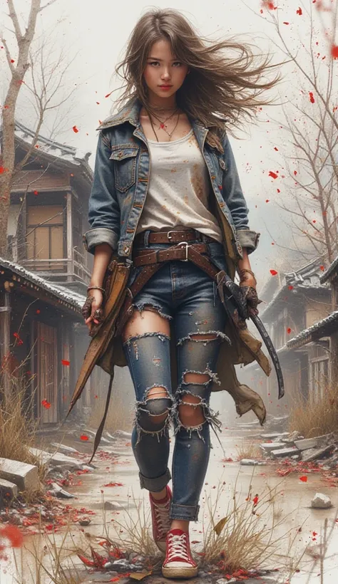 Create watercolor splash art style. A beautiful woman. Wearing a shabby and dirty jacket, torn jeans, torn and worn gloves, converse shoes. Looks injured and dirty. A tense and mysterious atmosphere. Standing bravely. Sharp gaze. Wind blowing, embers flyin...