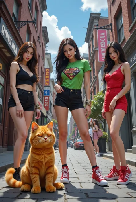  design the Garfield cat in orange with black spots,  woman with long black hair ,  with a green t-shirt, with barbed bracelets, a black shorts and red sneakers by Adidas and 2 sexy girls