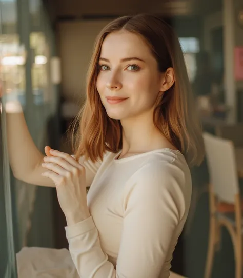 This is a beautiful  photograph of a woman, hair cascading over her shoulders. wearing a boatneck dress. standing in cafe, looking at the viewer, smiling