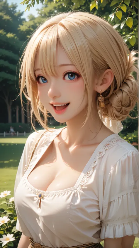 Beautiful park garin alone women long blonde hair medium size boob white frock upper body short sunlight ultra HD quality detail very happy expression