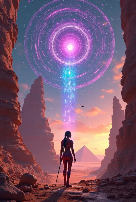 Afrofuturist book cover, ultra-detailed digital painting, 8k resolution. Wide cinematic view of the Òrìṣà Canyons: towering spiral rock formations in layered amber and turquoise, glowing purple and gold temporal vortices tearing spacetime to connect sky an...