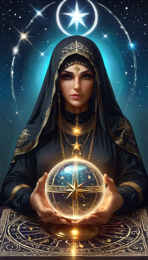 Magnificent Tarot, A robed astrologer sits quietly at a table covered with symbols，Holding a crystal star ball in hand, There is arabic text at the bottom of the card, fit snugly on face, Tarot, Very high texture quality, Front and sides, Full of mysteriou...