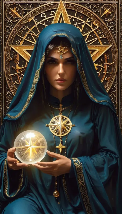 Magnificent Tarot, A robed astrologer sits quietly at a table covered with symbols，Holding a crystal star ball in hand, There is arabic text at the bottom of the card, fit snugly on face, Tarot, Very high texture quality, Front and sides, Full of mysteriou...