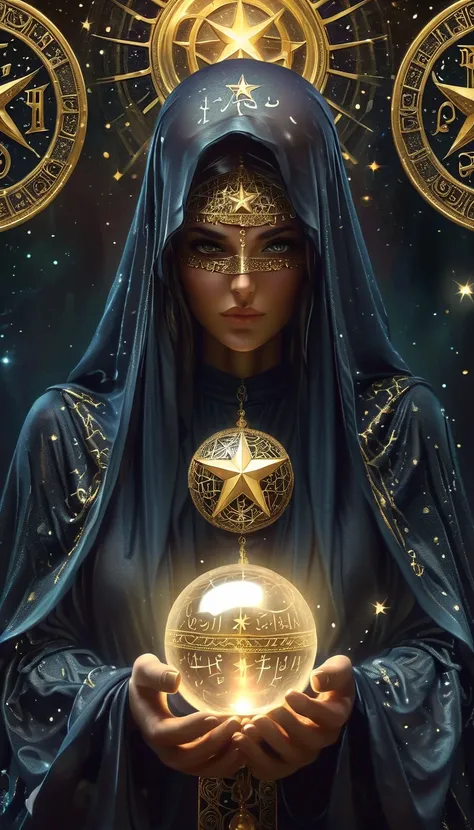 Magnificent Tarot, A robed astrologer sits quietly at a table covered with symbols，Holding a crystal star ball in hand, There is arabic text at the bottom of the card, fit snugly on face, Tarot, Very high texture quality, Front and sides, Full of mysteriou...