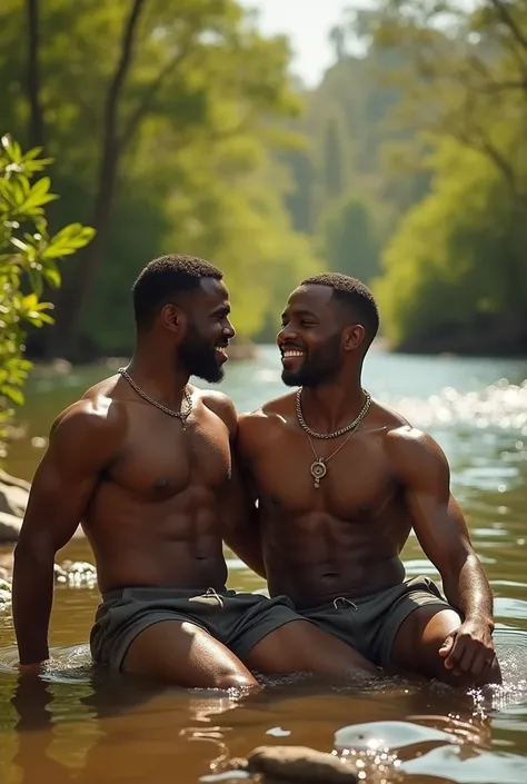 2men, 2 handsome Sudanese men sunbathing seductively on the shores of a river, muscular toned bodies, beautiful detailed face and eyes, happy seductive expression, homoerotic, seductive body language, bright lighting, noontime sunlight, detailed water and ...