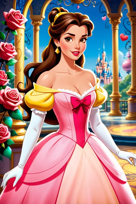  Belle's appearance from Disney's Beauty and the Beast:
 medium length brown hair , most often tied in a ponytail with a ribbon. 
 brown eyes. 
full pink lips.
rosy cheeks. 
heart shaped face. 
Sculptural figure.  The heroine's yellow dress is a voluminous...