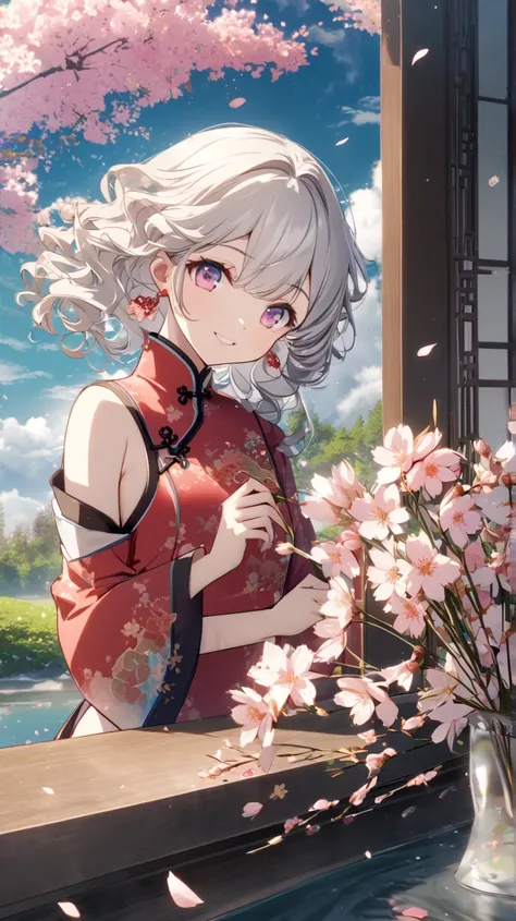 art by Cornflower,  dreamy ,  falling _ petals,  petals,  pink_flower,  1 girl,cute girl blue_null, spring_(seasOn),  petals_On_liquid, flower, Cherry Blossom Viewing,  Chinese clothes, (LOng blOnd curly hair：1.5),Wearing a wreinh,null,  outdoor, cloud, ba...