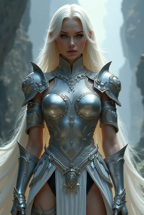 Full bodied Blonde woman wearing silver fantasy armor