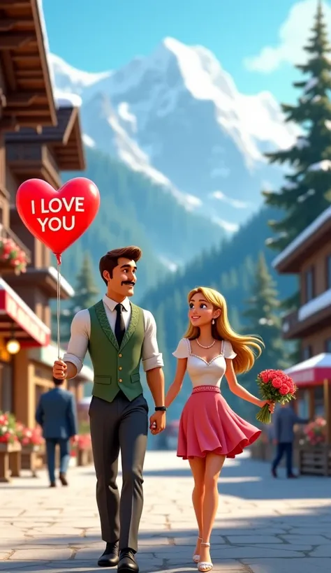 (((Masterpiece, top quality, Disney - Pixar movie style.
Background: midday sky, high snowy mountains, coniferous forest, coniferous woods on mountain slopes, street of an alpine village, on the left with a Valentine's Day gift shop.
(((1: Italian man (And...