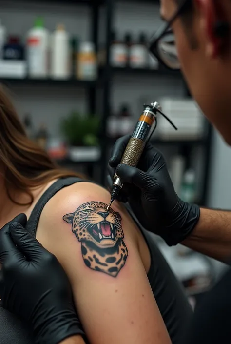 ** Scene Description:**
 inks - The focus of the image is the tattoo artist's hands ,  using disposable black gloves ,  delicately holding the tattoo machine .
 - The woman's skin is gently stretched to ensure precision ,  and the jaguars tattoo is in the ...