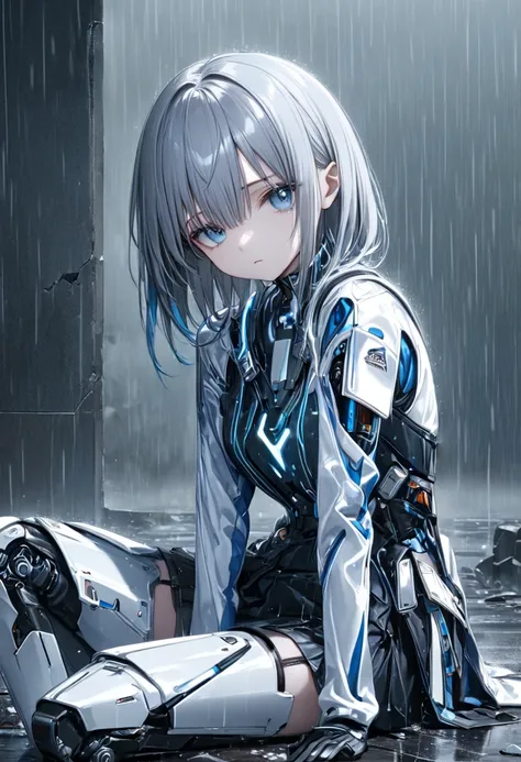  Best Artist,anime,(8k,  top quality)、 ultra high resolution、 adorable by design、 top quality,  beautiful, Absurd beauty、 Masterpiece、 best image quality、Rainy old background,Broken Android, sad and heartbreaking work ,Grey World, an android girl who belie...