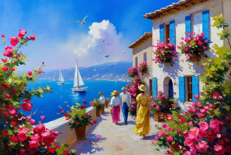 Painting of a beautiful and picturesque Provençal house filled with beautiful flowers on the windows,  and surrounded by beautiful poppies ,  and men and women dressed in colorful clothes and hats from the 1900s ,  with the sea next door and the magnificen...