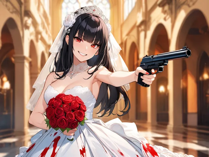 masterpiece, 1 bride, blood on white wedding dress, holding white bouquet, pointing a gun, smirk, red eyes, black hair, blunt bangs
