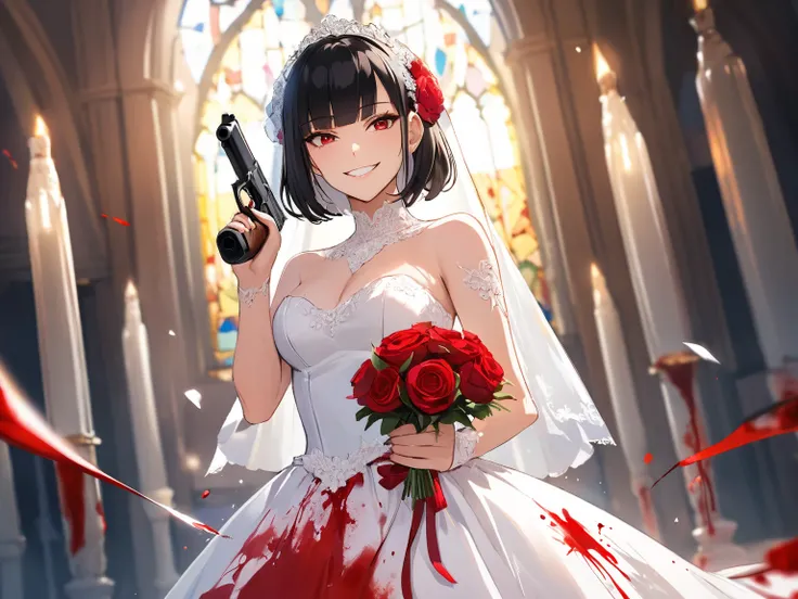 masterpiece, 1 bride, blood on white wedding dress, holding white bouquet, pointing a gun, smirk, red eyes, black hair, blunt bangs
